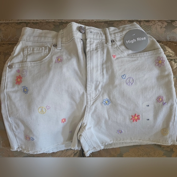 NWT Gap Girls shorts embroidered denim high rise adjustable waist beige - Picture 6 of 11